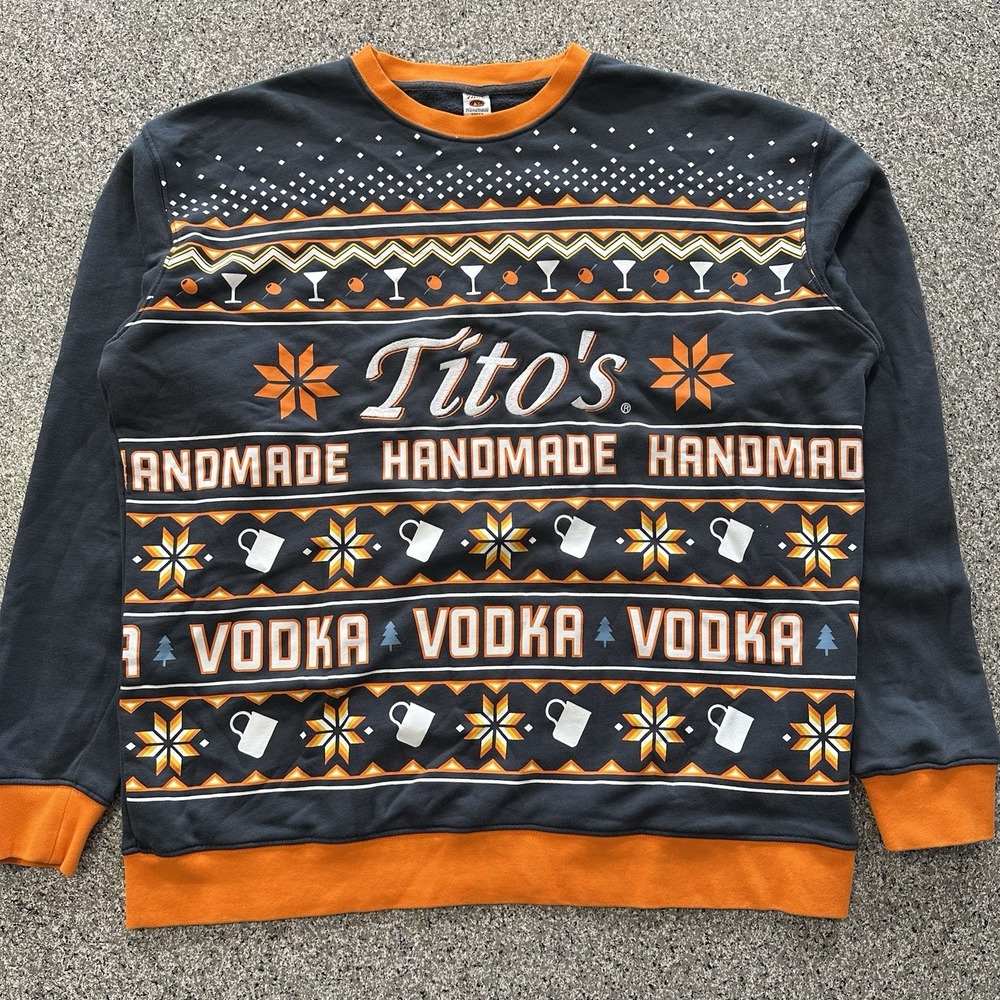 Titos Vodka Sweatshirt Mens XL Ugly Christmas Sweater Gray Orange Crewneck